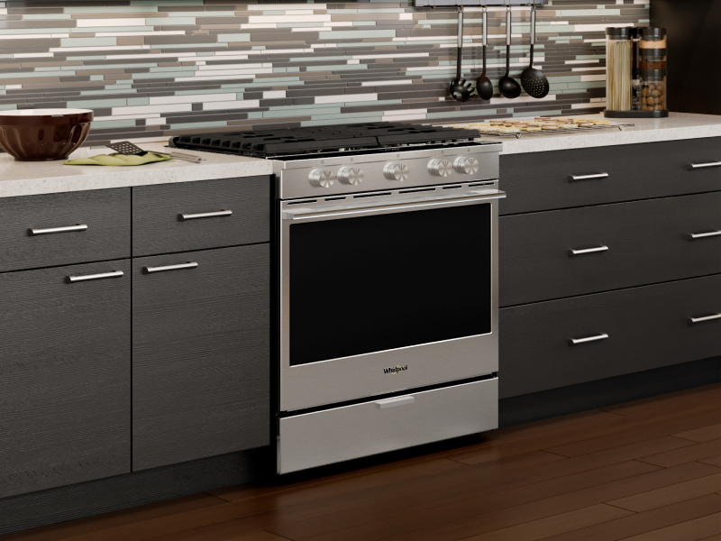 A Whirlpool® oven with Air Fry Mode in a modern kitchen.