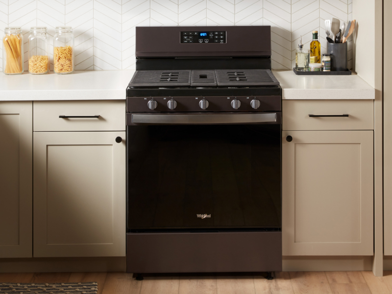 A Whirlpool® oven with Air Fry Mode in a modern kitchen.