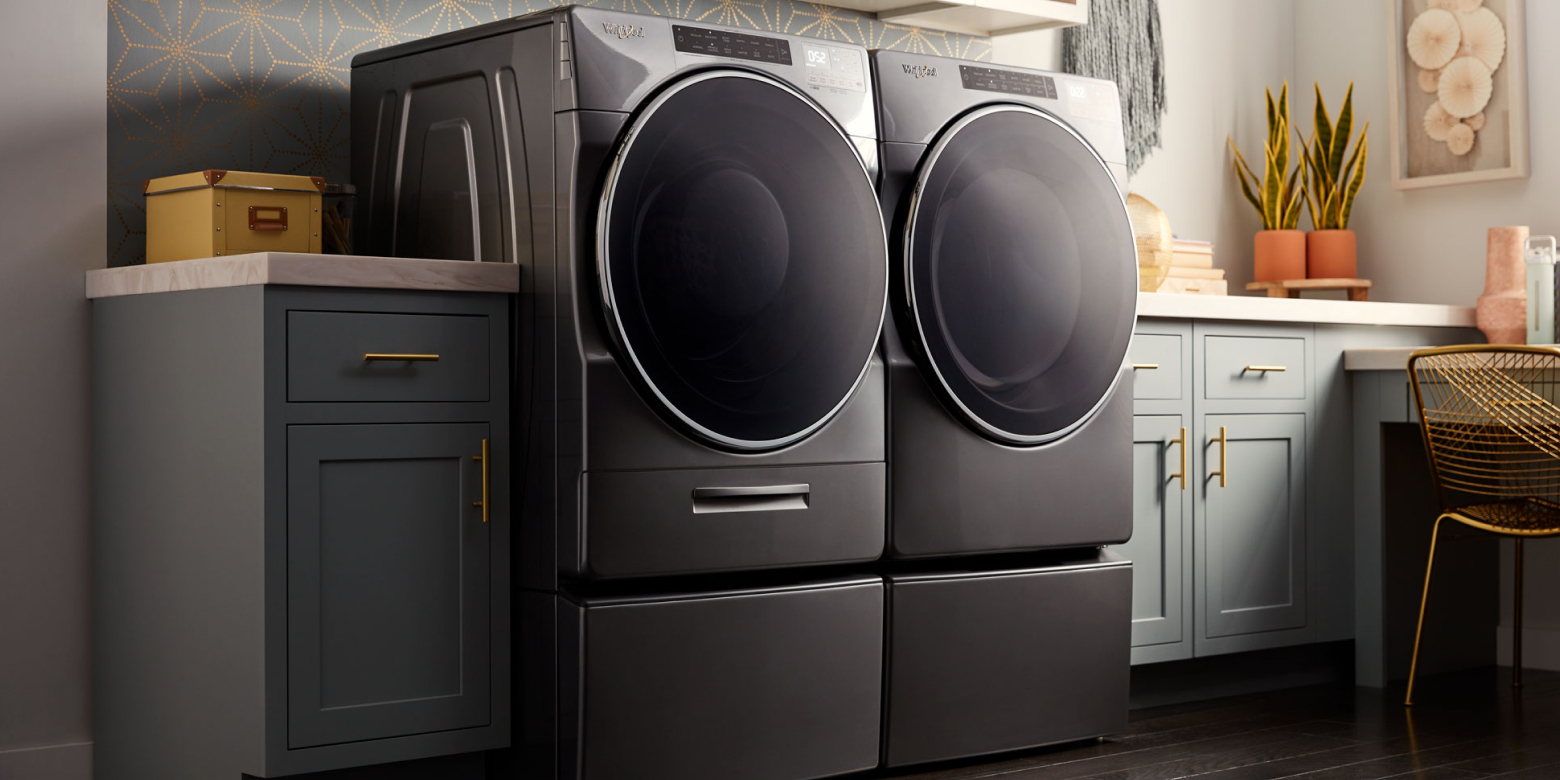 A Whirlpool® Washer and Dryer in a laundry room