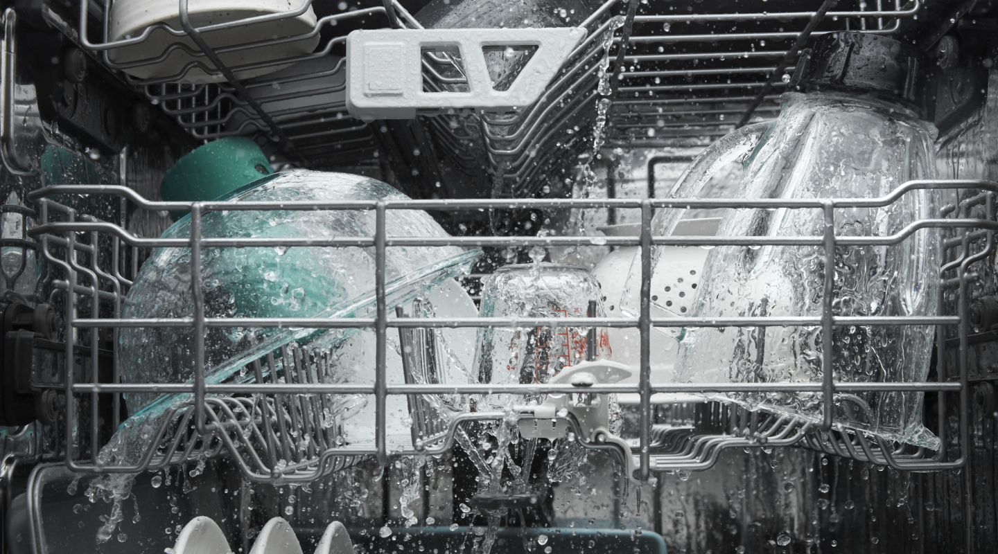 Dishes in the middle of a dishwasher cycle