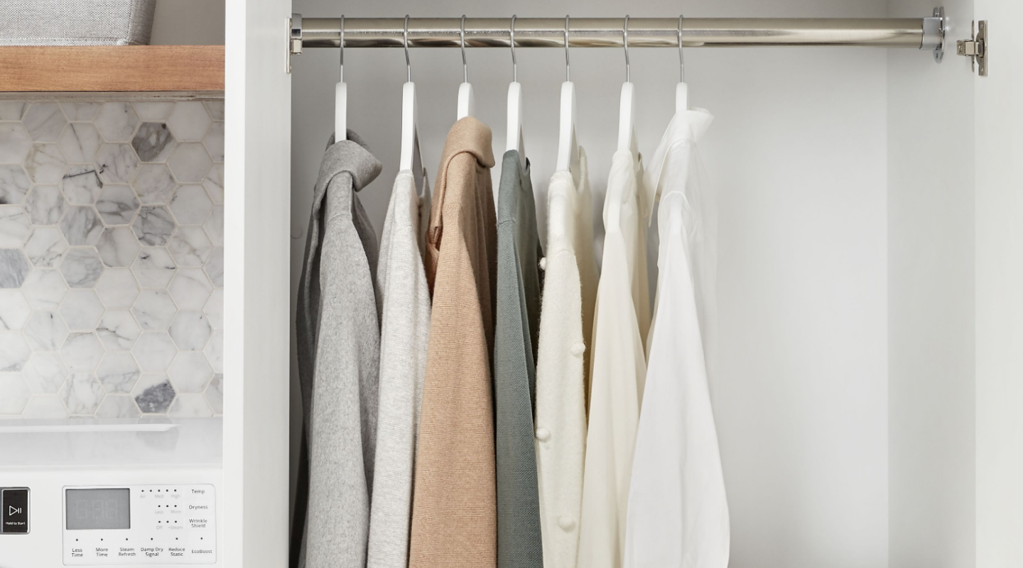 Clothing hung inside a closet