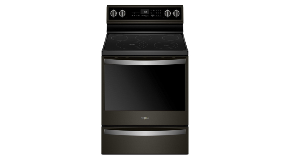 Black Whirlpool® electric range with backsplash
