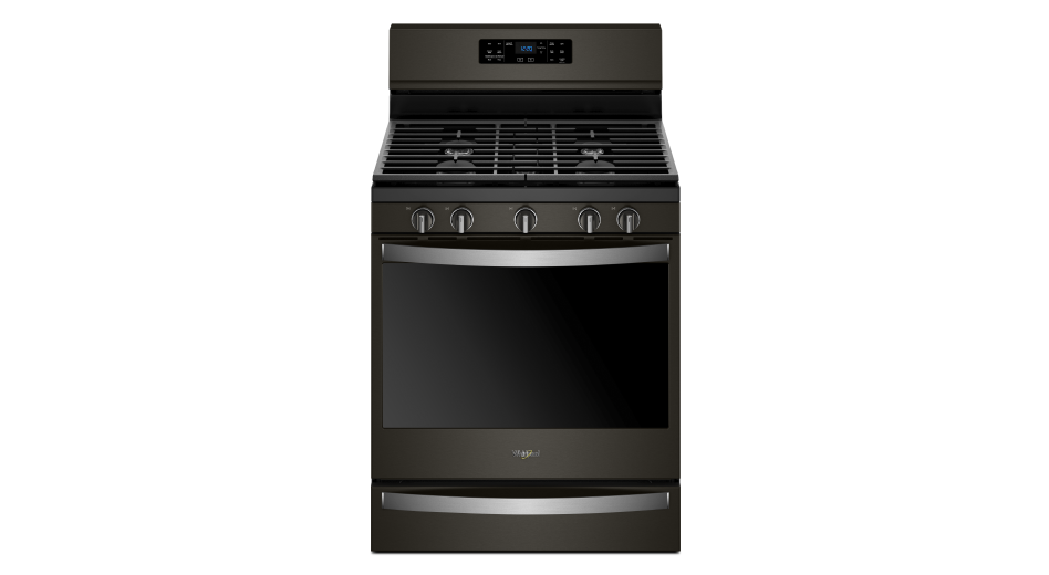 Black Whirlpool® gas range with backsplash