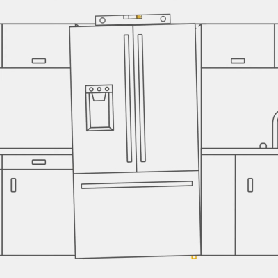A graphic of a level on top of an unlevel fridge
