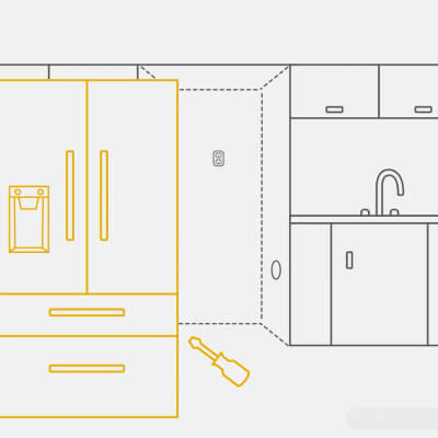 A graphic with a screwdriver and a fridge pulled out from the wall