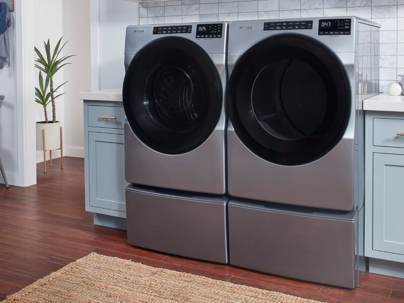 Whirlpool® Washer and Dryer on pedestals