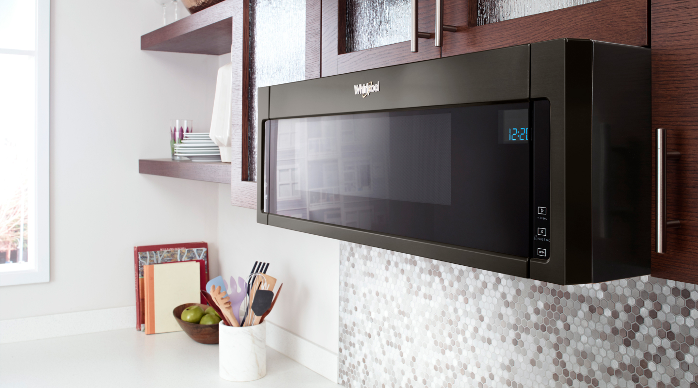 Black low profile, over-the-range microwave