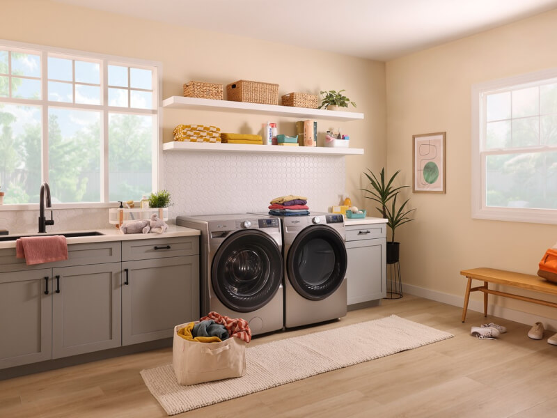 A bright laundry room with a bag of laundry on the floor in front of a Whirlpool® Washer and Dryer set