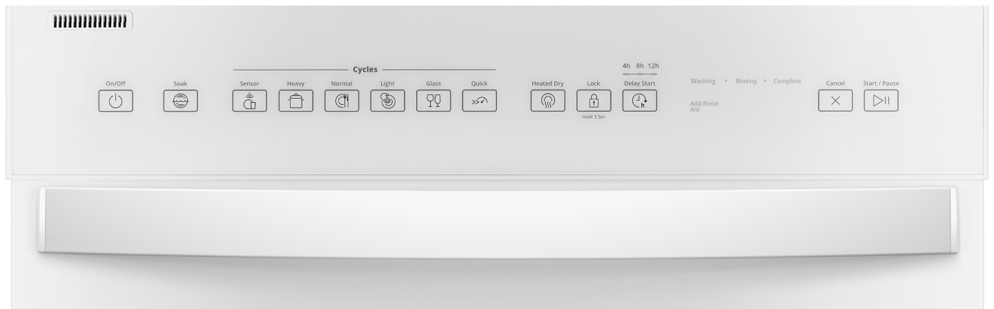 Close-up of front-facing dishwasher control panel