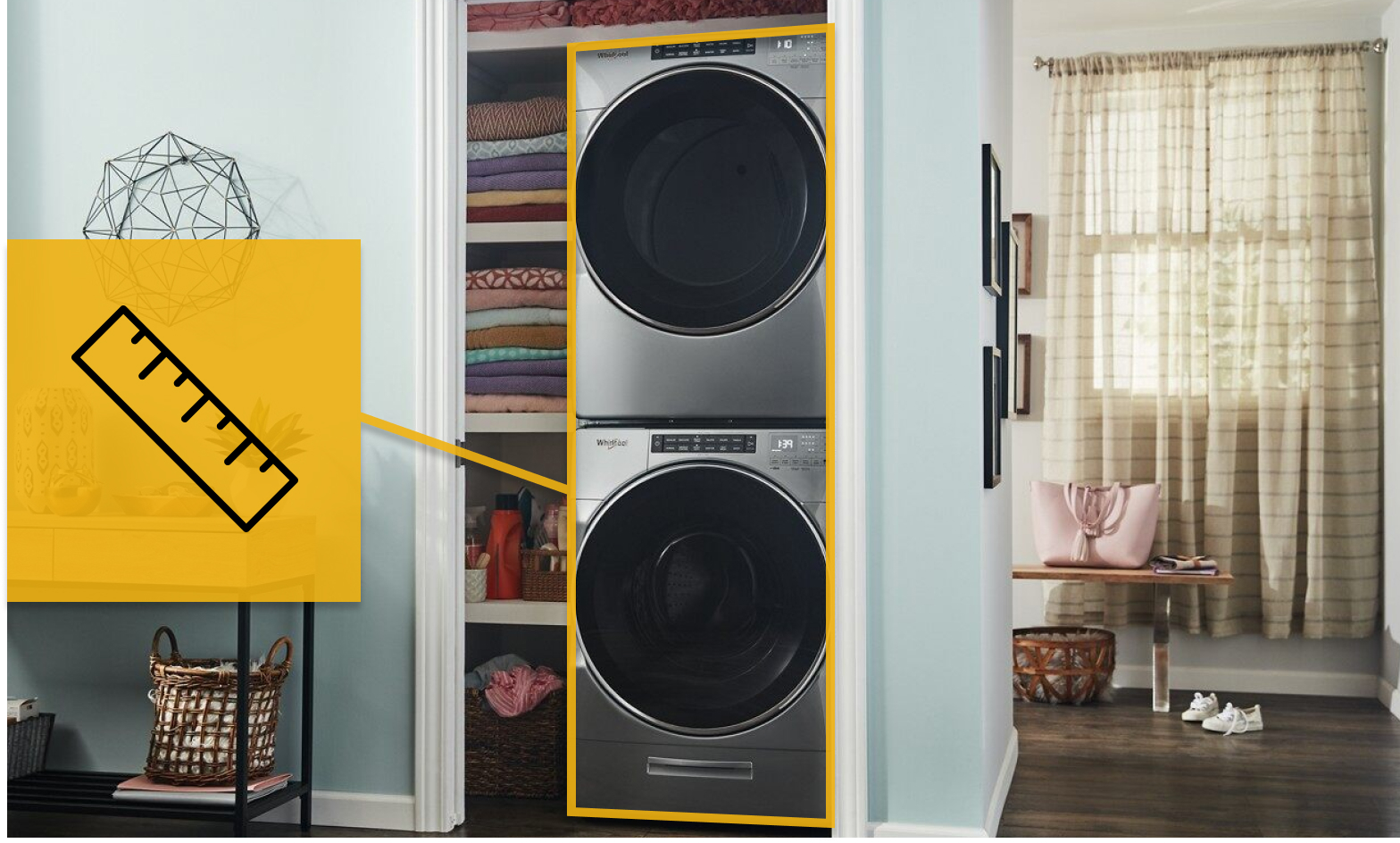 Stacked washer and dryer with ruler icon