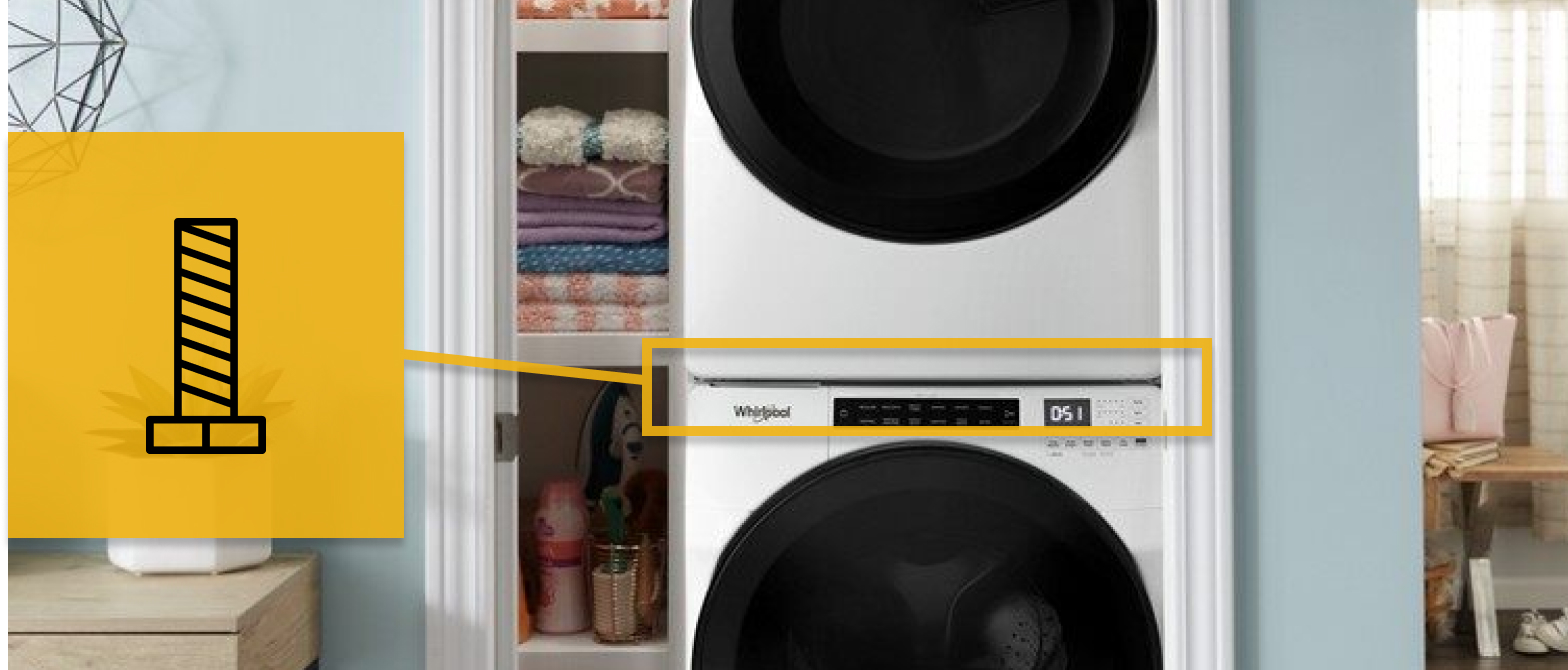 Close up of stacked white washer and dryer with a screw icon