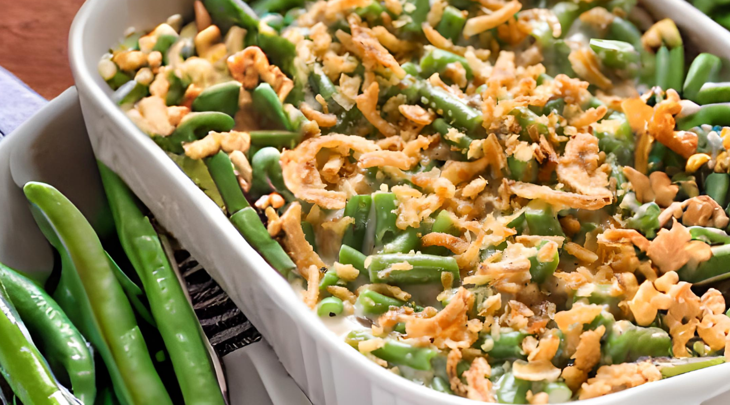 Closeup of a green bean casserole