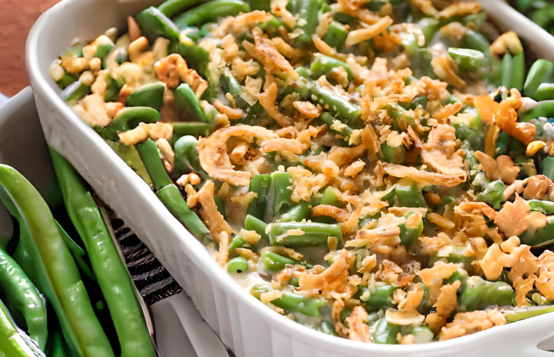Closeup of a green bean casserole
