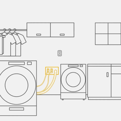 A graphic of a washer pulled away from the wall with hookups behind it