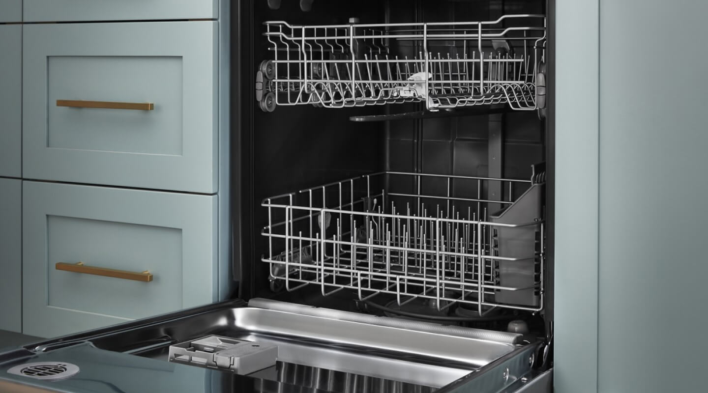 An empty, open dishwasher