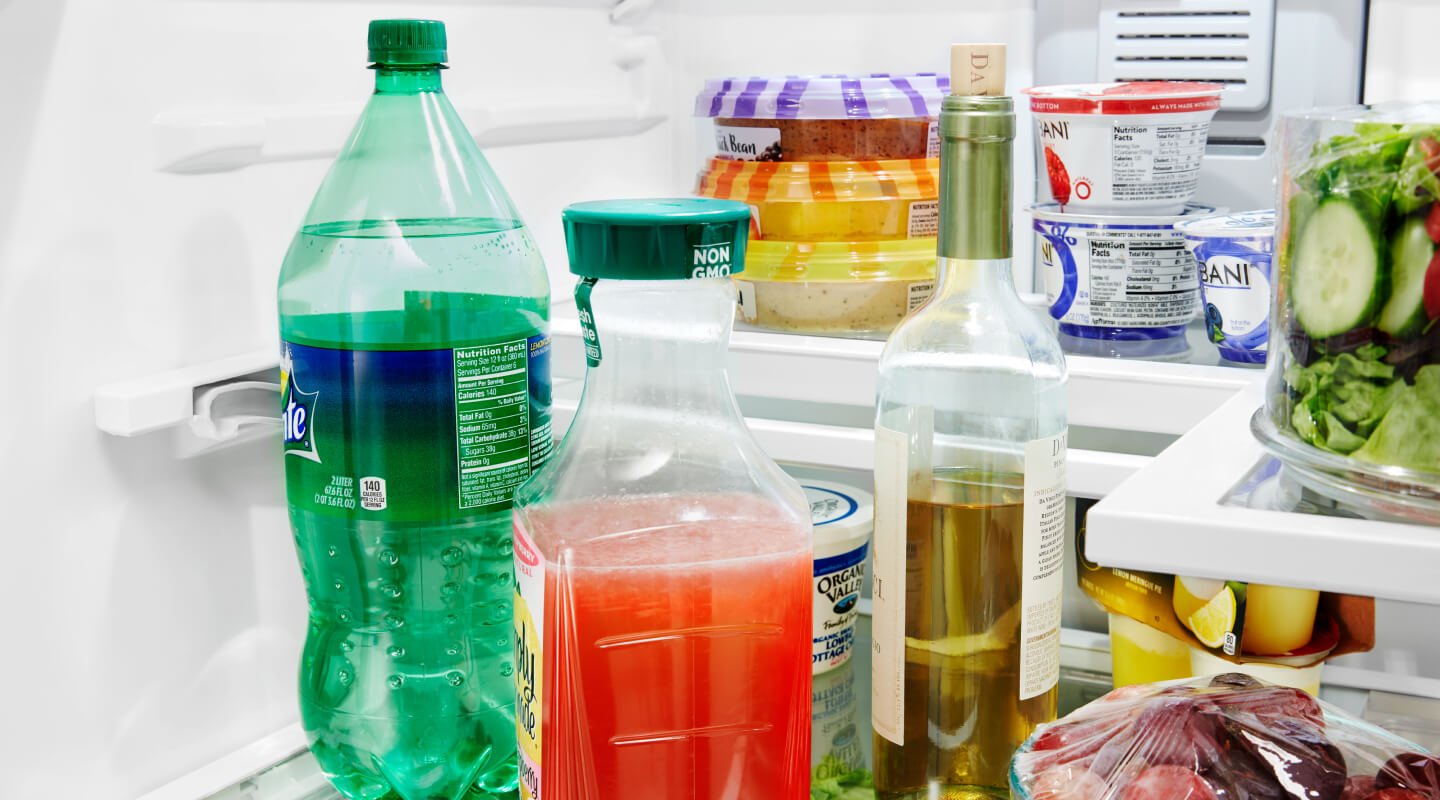 Food items on a refrigerator shelf