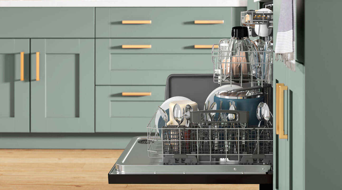 Side view of open dishwasher full of dishes with racks slightly extended