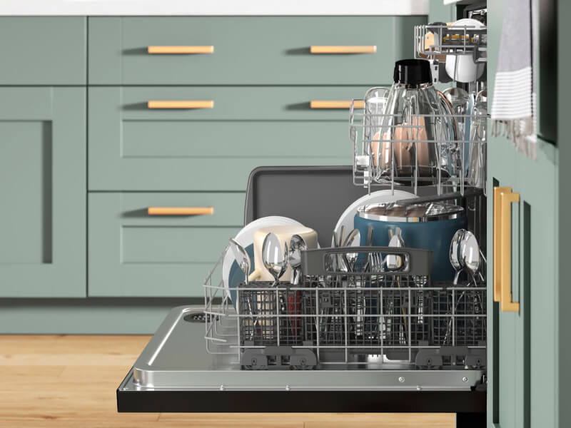 Side view of open dishwasher full of dishes with racks slightly extended
