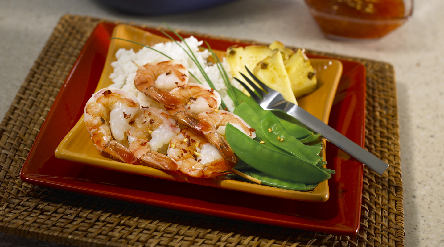 A fresh dish of shrimp over rice