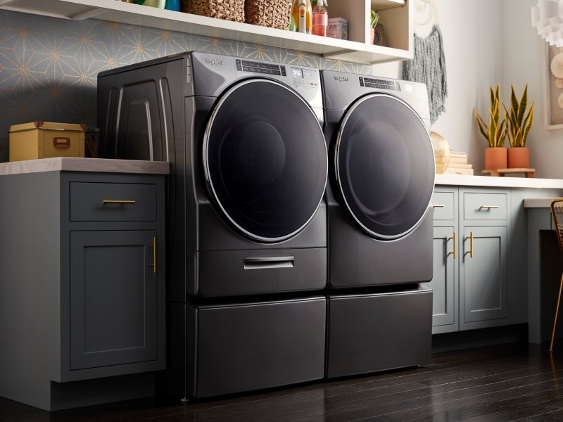 A front-load washer and dryer set by Whirlpool brand