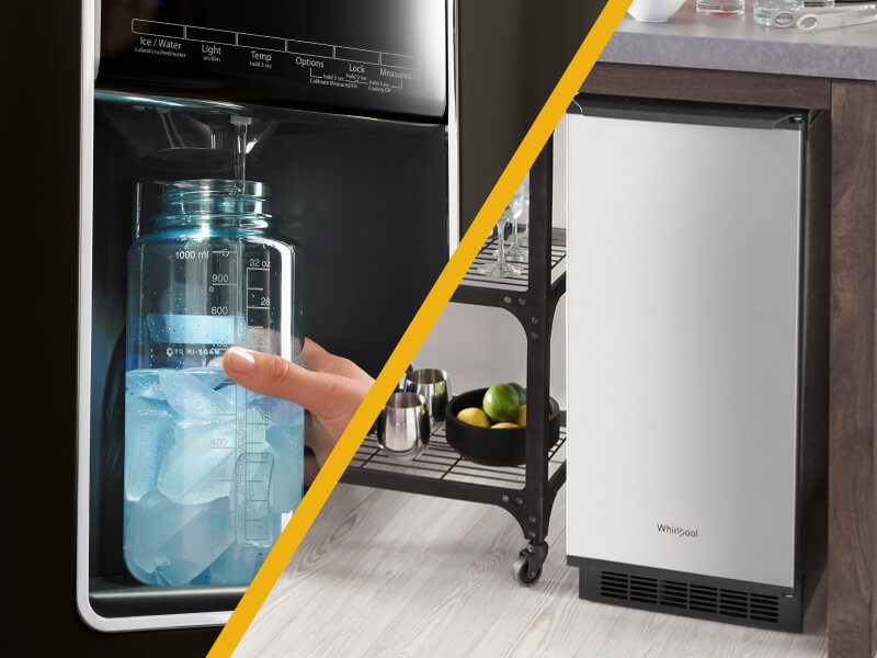Split image of person filling water bottle with Whirlpool®  Icemaker