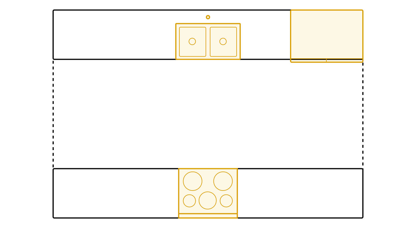 Galley kitchen layout diagram showing appliance placements