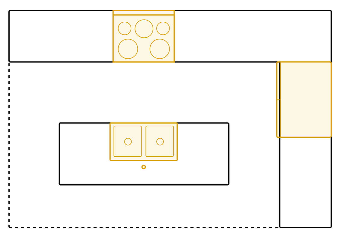 Island kitchen layout diagram showing appliance placements
