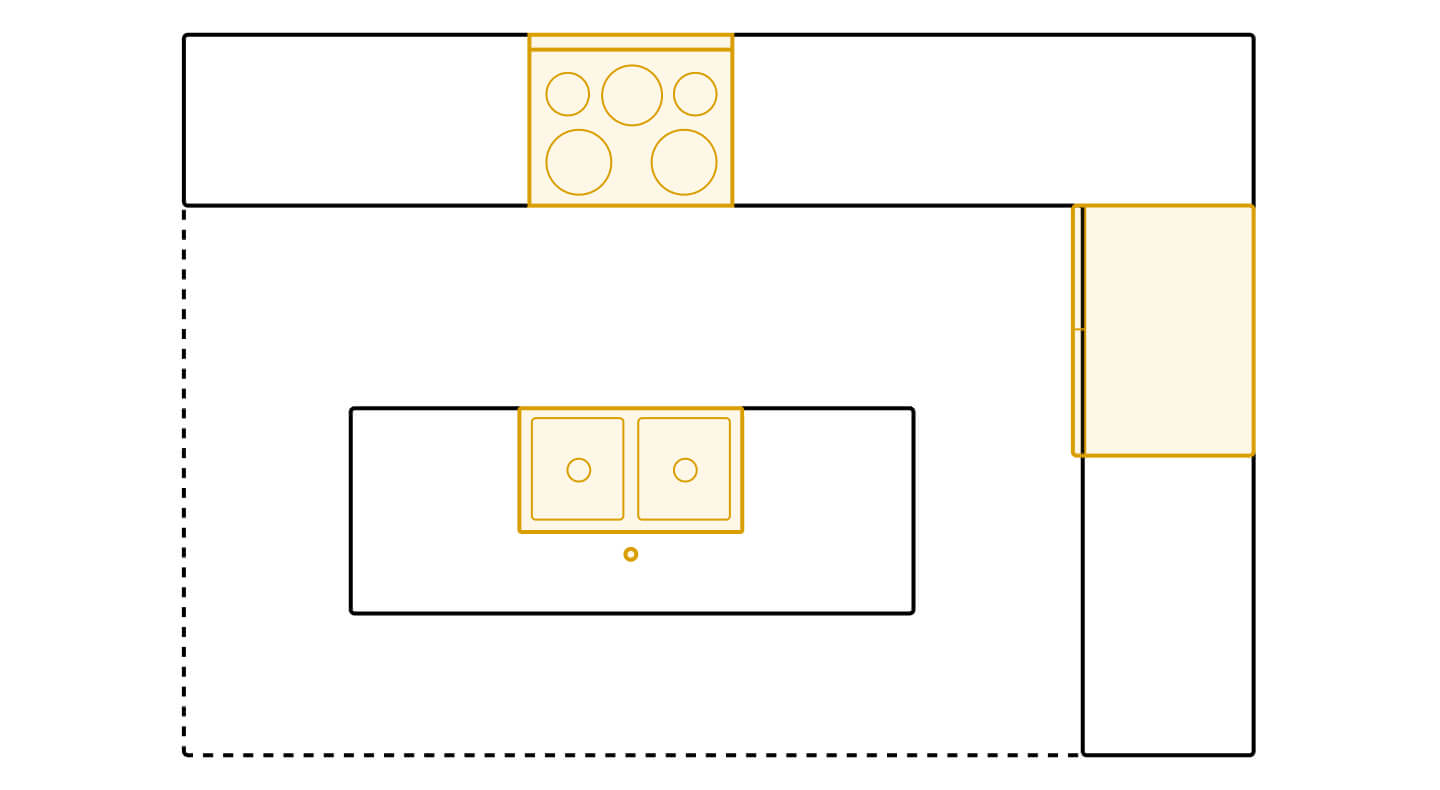 Island kitchen layout diagram showing appliance placements