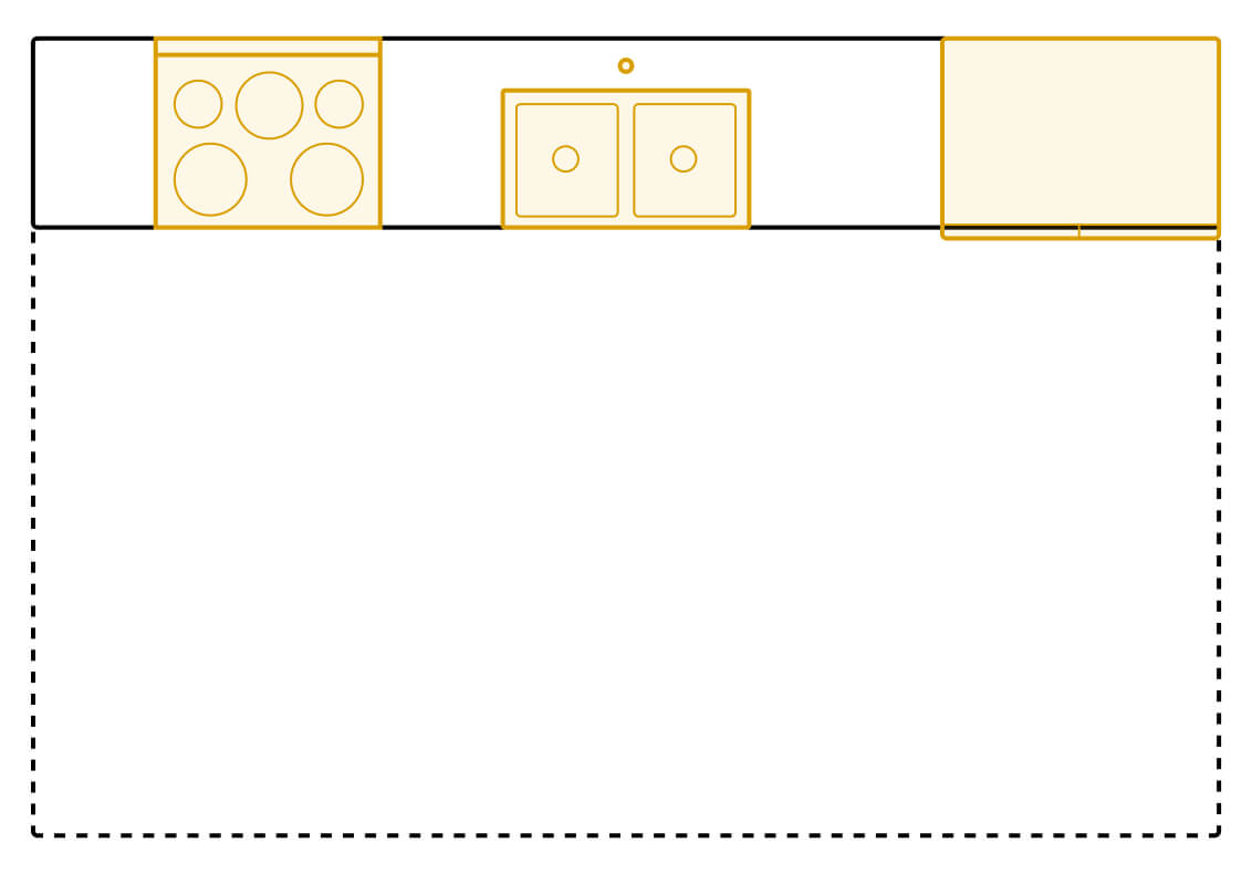 Galley kitchen layout diagram showing appliance placements