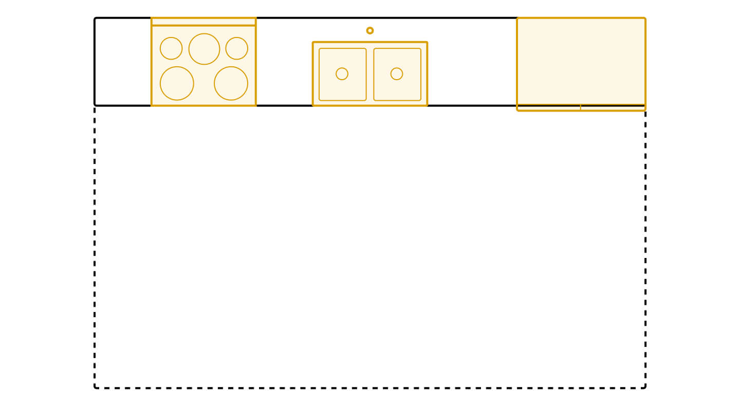 One wall kitchen layout diagram showing appliance placements