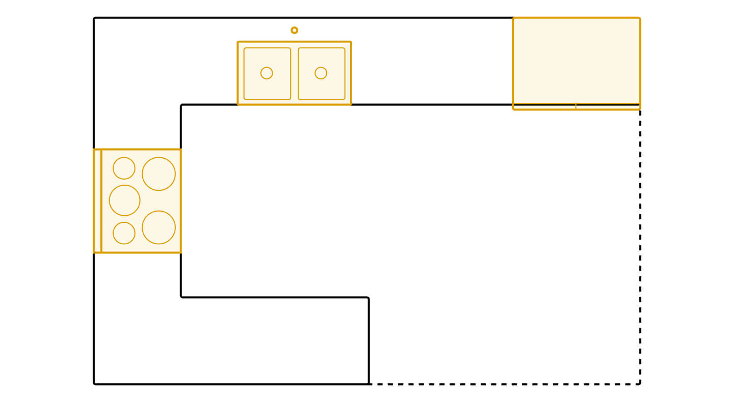 Peninsula kitchen layout diagram showing appliance placements