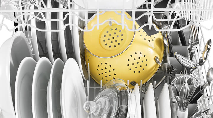 Dishes arranged inside a dishwasher