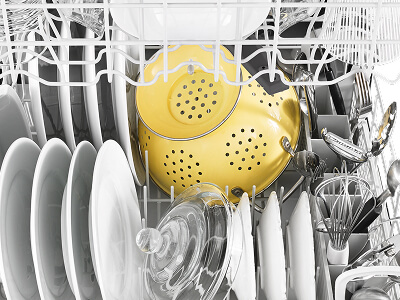 Dishes arranged inside a dishwasher