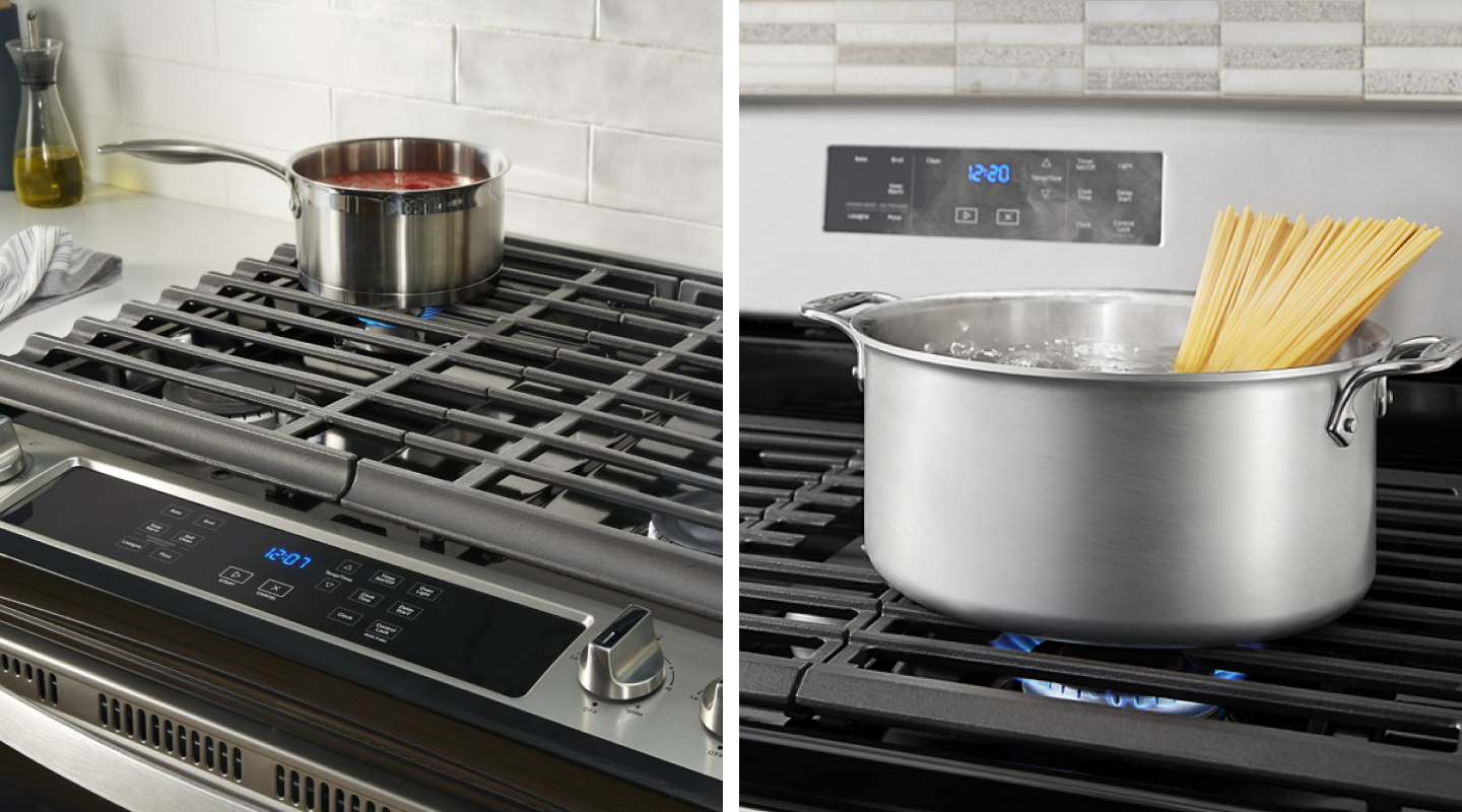 Red sauce and pasta cooking on a slide-in and freestanding range respectively
