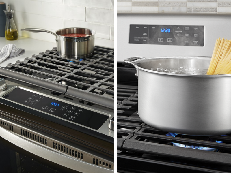 Red sauce and pasta cooking on a slide-in and freestanding range respectively