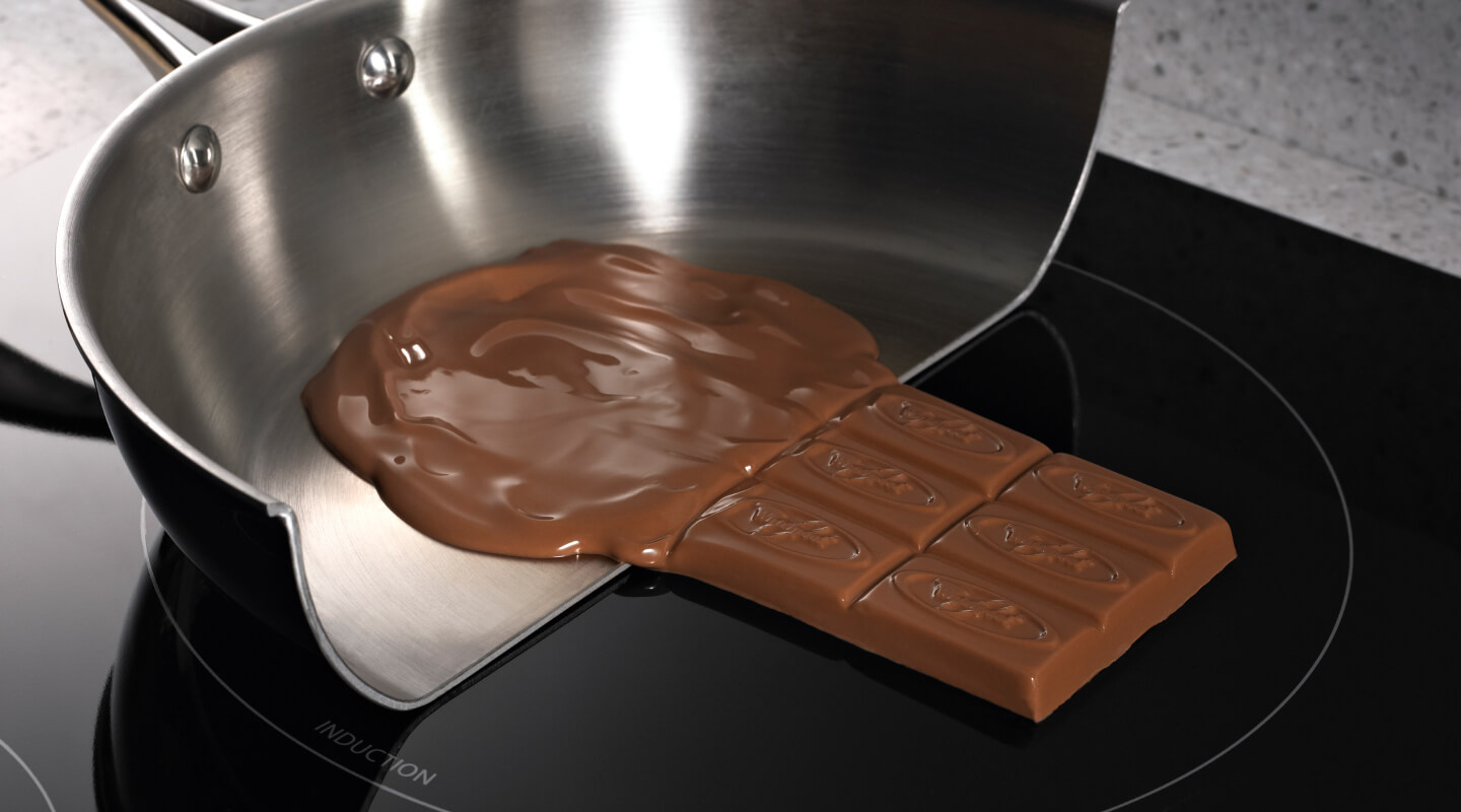 Chocolate melting in a pan and solid on the induction cooktop surface