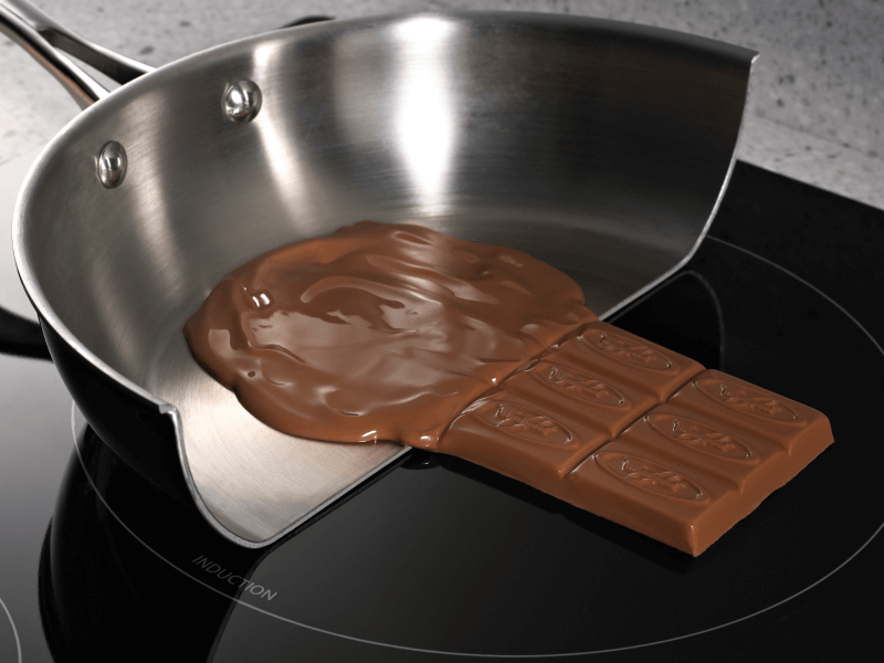 Chocolate melting in a pan and solid on the induction cooktop surface