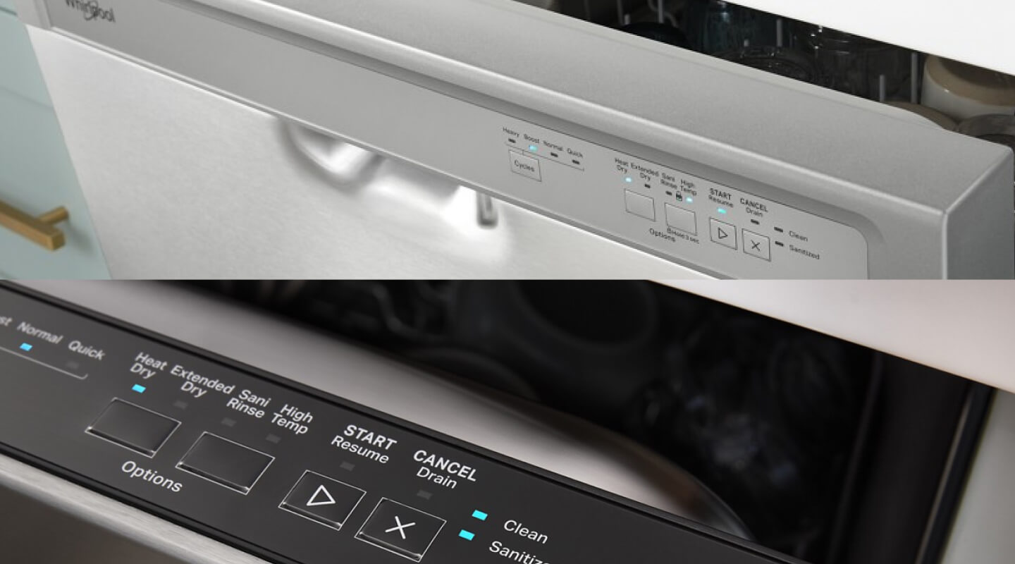 Side-by-side images of a front control dishwasher and a top control dishwasher 