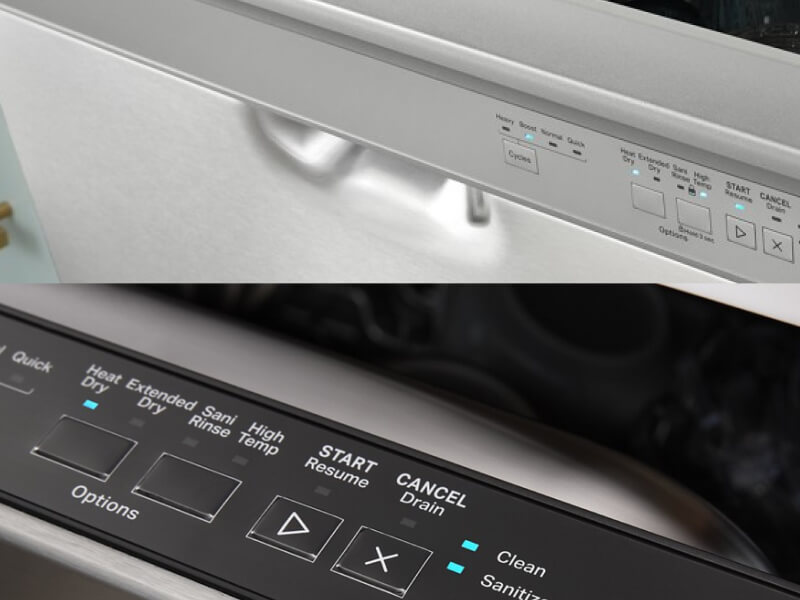 Side-by-side images of a front control dishwasher and a top control dishwasher 