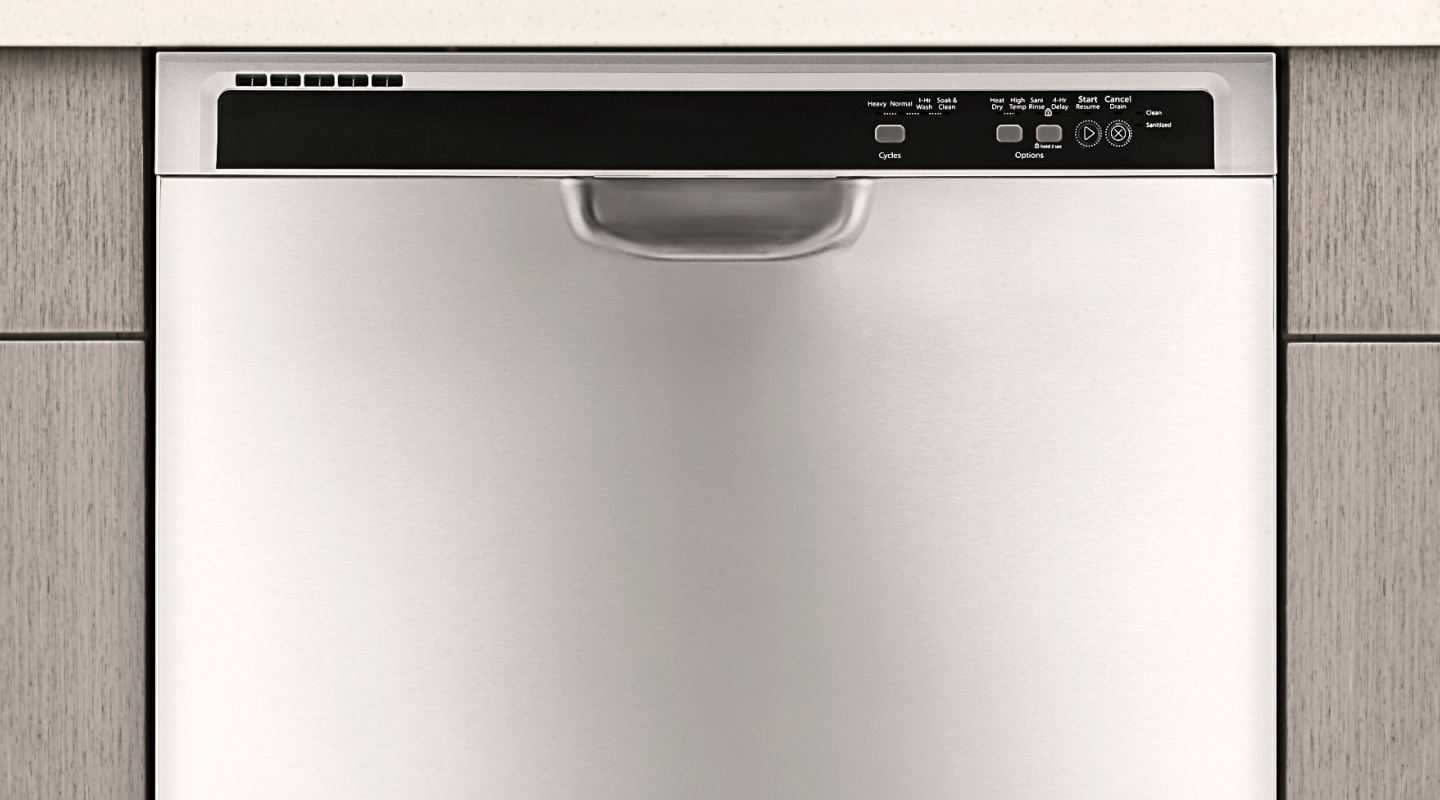 Exterior of a stainless steel front control dishwasher