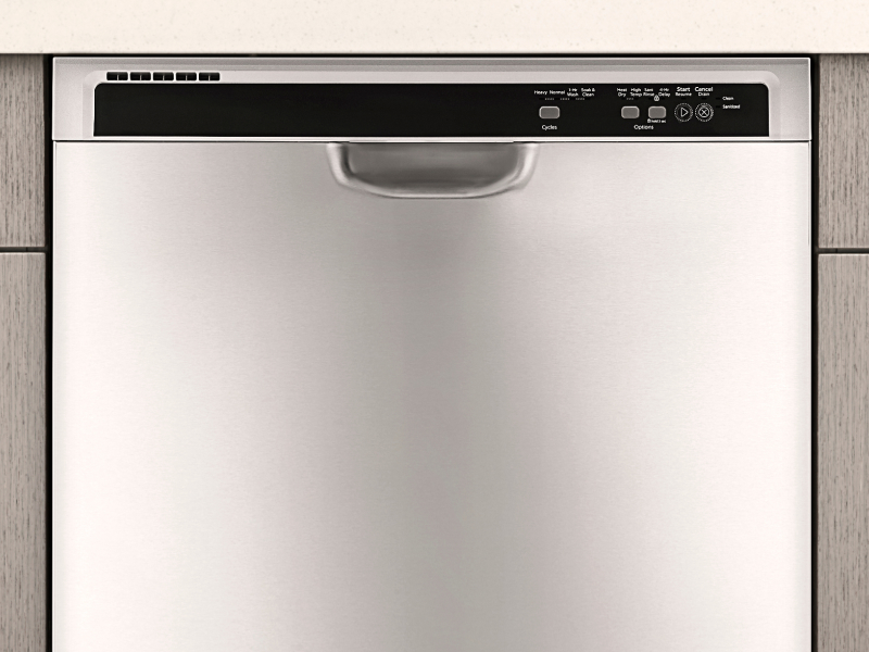 Exterior of a stainless steel front control dishwasher