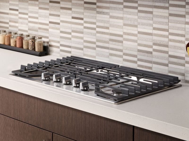 Whirlpool brand gas cooktop in a modern kitchen