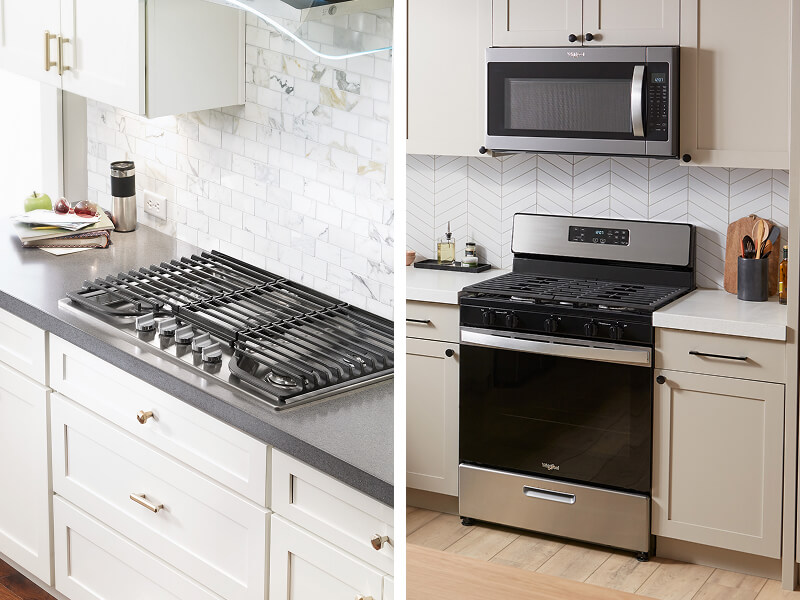 Side-by-side image of a gas cooktop and a gas range