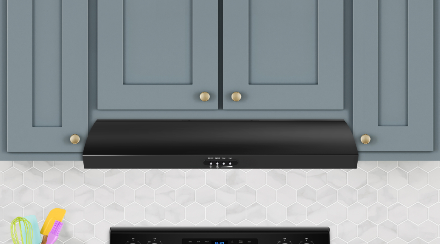 Black undercabinet hood under blue shaker cabinets