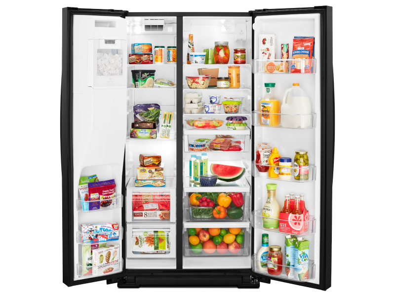 Open side-by-side refrigerator with food inside
