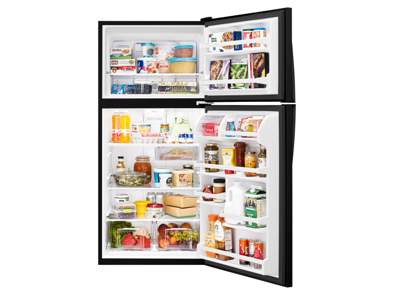 Open top-freezer refrigerator with food inside