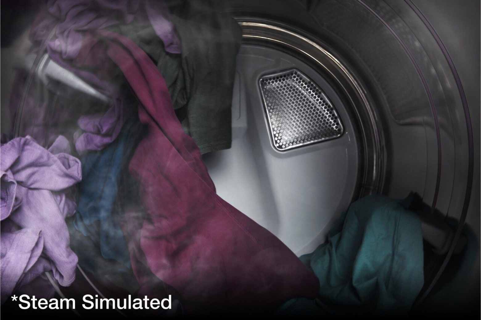 Clothes tumbling in a dryer with simulated steam