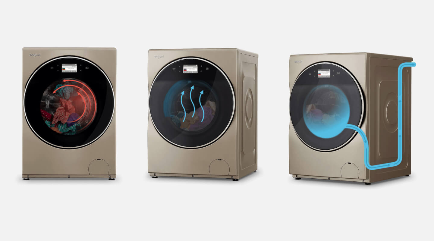 An image that demonstrates how a Whirlpool® All-In-One Washer Dryer Combo works