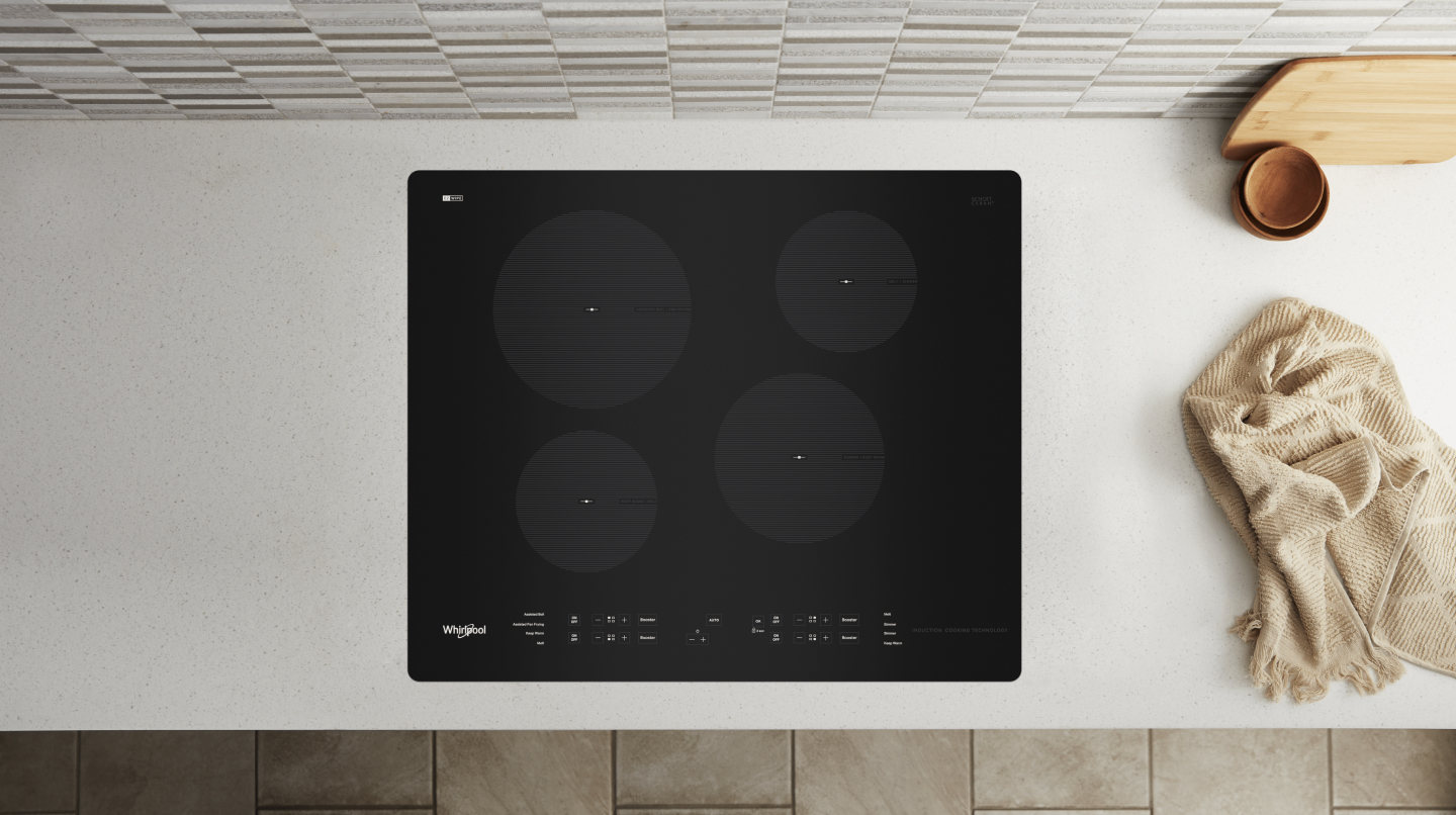 An overhead view of a Whirlpool® Induction Cooktop build into a countertop