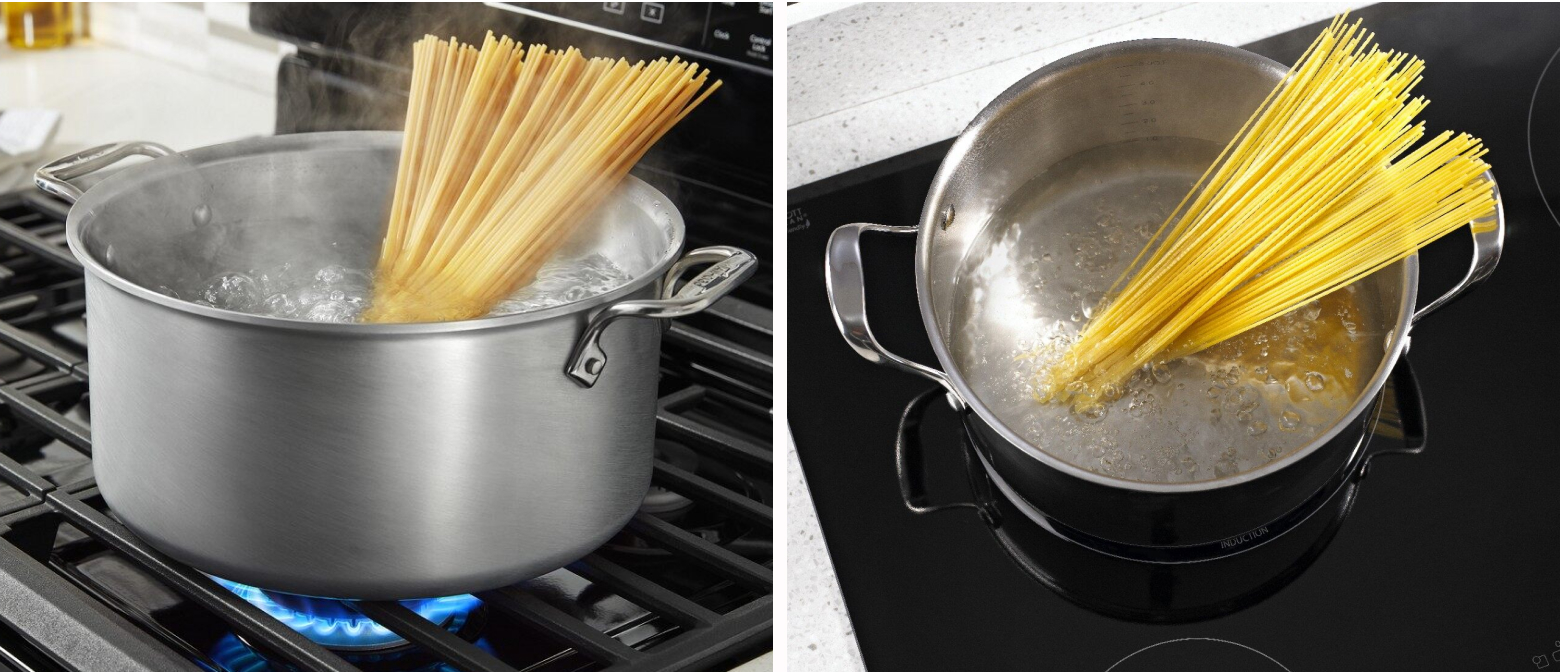 Spaghetti boiling in a pot on a gas stovetop vs. an induction cooktop